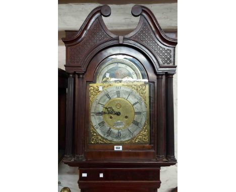 A late 18th Century mahogany and strung longcase clock with blind fretwork decoration to the swan neck pediment, the 32cm bra