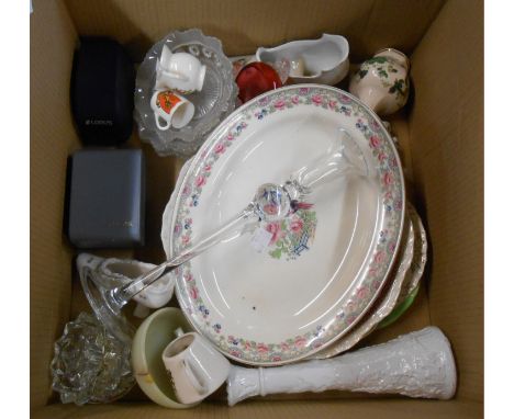 A box containing a quantity of ceramic, glass and other collectable items including Mason's Ironstone vase in the Chartreuse 