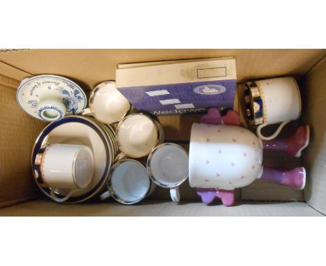 A box containing a quantity of ceramic items including Carltonware walking mug, boxed Wedgwood Peter Rabbit dish, etc.