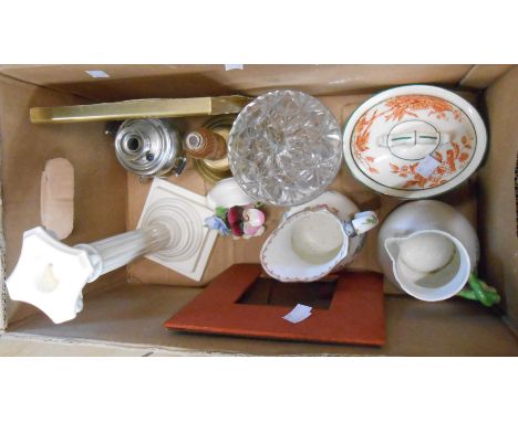 A box containing a quantity of ceramic, glass and collectable items including large creamware candlestick, pair of Bloor Derb