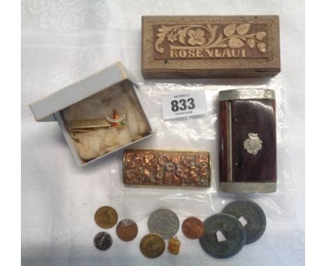 A bag containing a quantity of collectables including a white metal mounted rosewood snuff box, an embossed copper and brass 