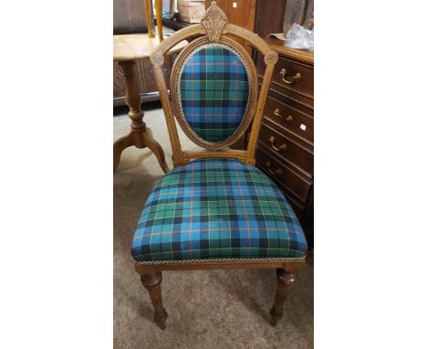 A Victorian inlaid mahogany framed panel back standard chair with Forsyth tartan upholstered oval back and seat, set on turne