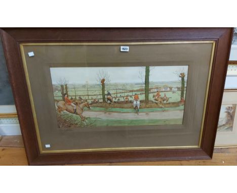 Cecil Aldin: an early 20th Century oak framed large format coloured panoramic hunting print entitled 'Vale of White Horse Hun