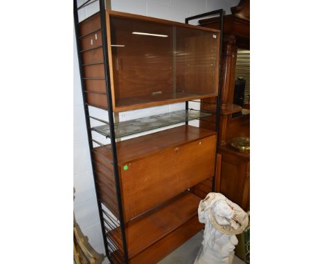 A vintage ladderax unit having glazed and bureau sections, wooden and glass shelf