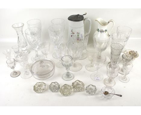 An assortment of Georgian and later drinking glasses and three pieces of ceramics. Including wine glasses with etched decorat