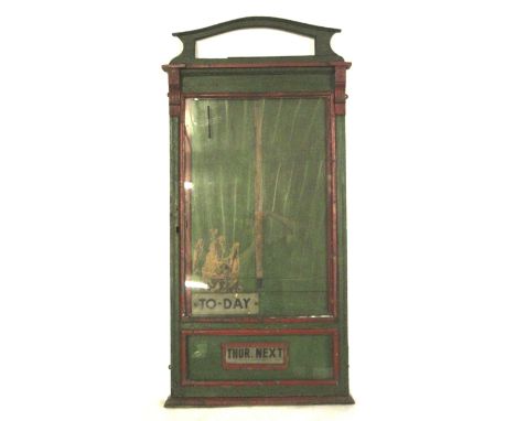 A circa 1930 wooden cinema film advertising display board. A hinged two glass panel door, painted red and green. L71cm x D9cm