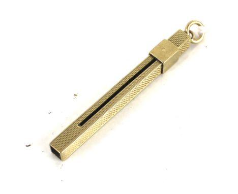 A vintage 9ct gold engine-turned square-section tooth pick. Hallmarks  for London 1958, maker's mark of S J Rose, 5cm long cl