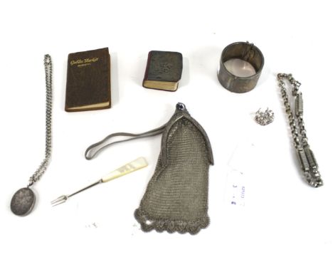 A small collection of silver jewellery and other items including a 'Sterling' fancy link chain. A floral embossed brooch; a s