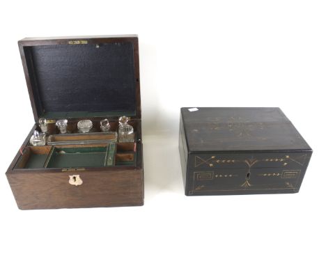 Two vintage wooden jewellery boxes. With interior trays and one with glass bottles. L30cm x D23cm x H17cm