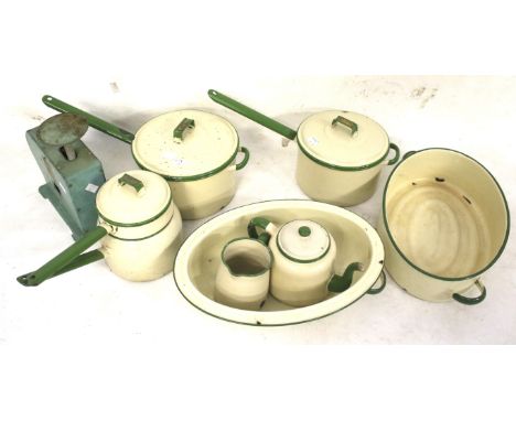 A set of vintage 'Jude Pan' enamel cooking utensils and a set of scales. The cooking items including a teapot, saucepans, tur