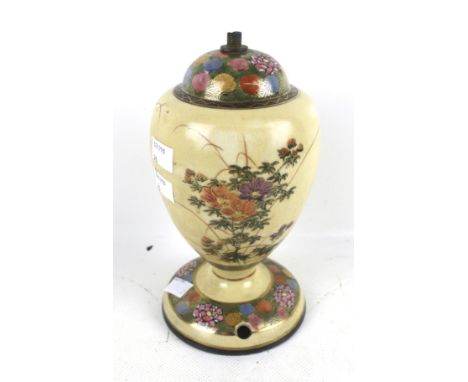 A 20th century Satsuma lamp base. Decorated with gilt flowers on a cream ground, H22cm (excluding fittings)