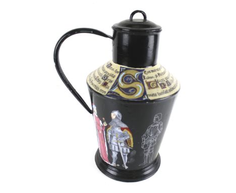 A Hungarian enamel jug or hot water carrier. Decorated with scripture and medieval scenes, marked 'Bonyhad' to the base, H39c