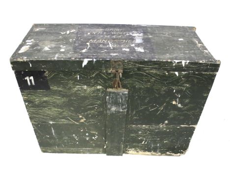 A vintage pine trunk. Painted black, marked 'Brig: R.H.L. Wheeler SAAA Manorbier, S Wales', H74cm x W100cm x D42cm