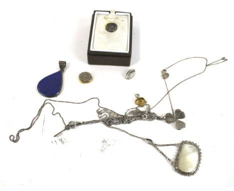 A small collection of jewellery including a 19th century gold mounted citrine heart-shaped pendant. A lady's 18ct gold wristw