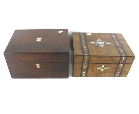 A Victorian jewellery box and a Victorian vanity box. The burr walnut jewellery box features ebony and mother of pearl inlay,