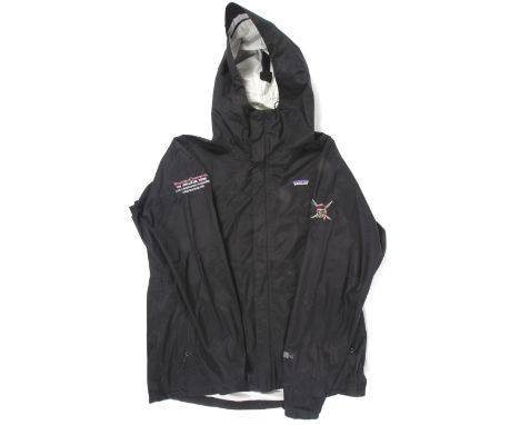 Pirates of the Caribbean, on stranger tides, crew jacket. A men's Patagonia XL black hooded jacket. With skull and crossed sw