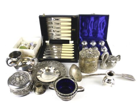 An assortment of silver plate and metalware.  Including two lidded pots, a swan moneybox, etc. Max. H12cm