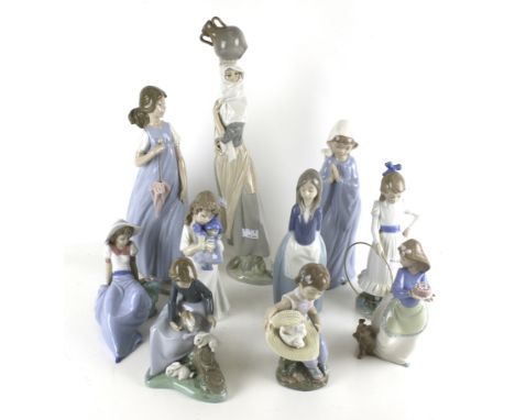 A collection of ten assorted Spanish Lladro and Nao figures of girls. Max. H42cm 