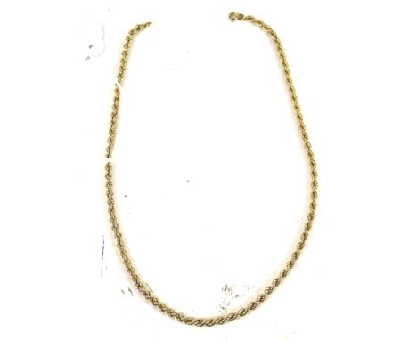 A vintage Italian 9ct gold hollow rope necklace. On  bolt-ring clasp. with import hallmarks for Birmingham 1990, 46cm long ov