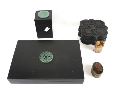 An assortment of Oriental boxes and collectables. Including two black lacquered boxes with jade decoration to the lids, an ov