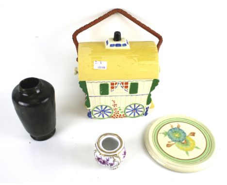 Four vintage ceramic items. Including a Meissen pot, Clarice Cliff Wilkinson Ltd plate, a Parrott and Company Coronet ware ca