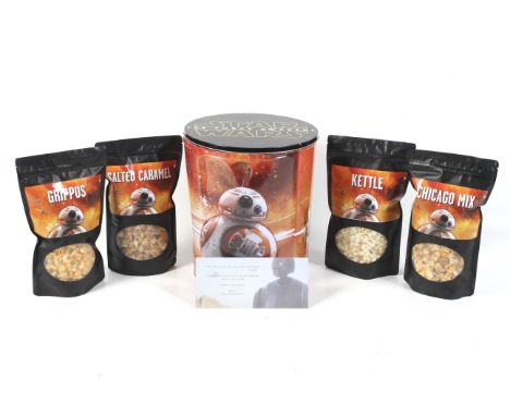 Star Wars The Force Awakens Galerie Candy Tin. A Happy Holidays gift tin of pop corn, from Kathy Kennedy President of Lucas f