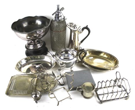 A collection of silver-plated items to include a large rose bowl. With an ebonised wood plinth; a six-division toast rack; a 