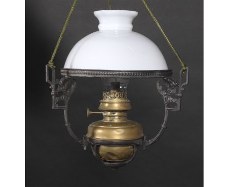 A 19th century pendant ceiling gas lamp. With cast iron frame and white glass domed shade. Diameter of shade 30cm.