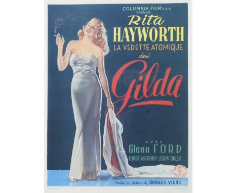 A vintage film poster Gilda. Classic femme fatale movie with Rita Hayworth and Glenn Ford, Columbia Films. Printed in Belgium