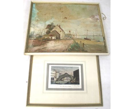 A 19th century coloured print and an oil on canvas. The painting depicting a harbour scene, indistinctly signed, 50cm x 61cm,
