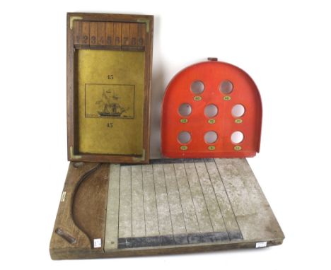 Three vintage board games. Including a 'Shove Ha'penny', board by MCC Company Ltd, L56cm