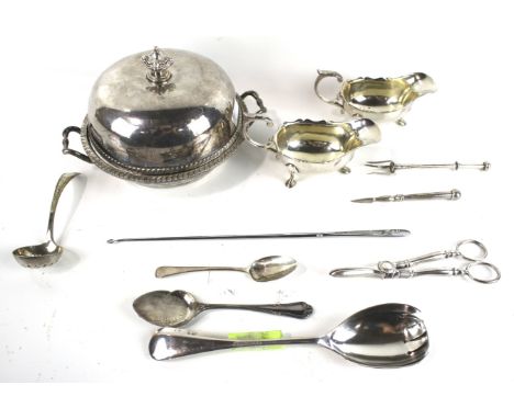 A George III silver old English pattern tea spoon and collection of plated items. To include a gadrooned round muffin dish an