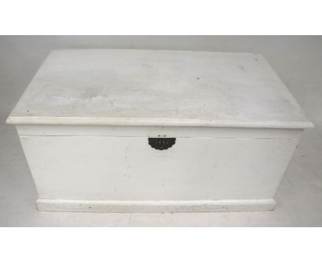 A wooden trunk. Painted white, on plinth base, H49cm x W103cm x D59cm