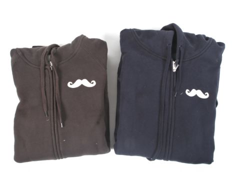 The Hobbit 2011 - 2012 film crew clothing. Two Hair & Make Up Dept. 'Going Mo' hoodies. Dark green size L and dark blue size 