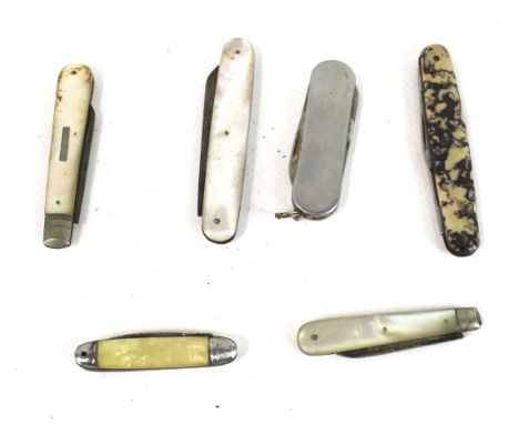 Six 19th century and later penknives and  fruit eaters. Of various sizes and designs, including three with mother of pearl ha