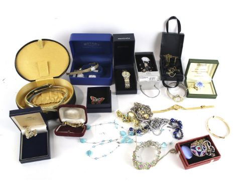 A silver small cigarette case and collection of costume jewellery and mostly lady's bracelet watches. The cigarette case with