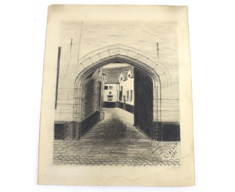 A charcoal sketch. Depicting a street scene, signed 'C. Lefeber 1931', 34.5cm x 28cm