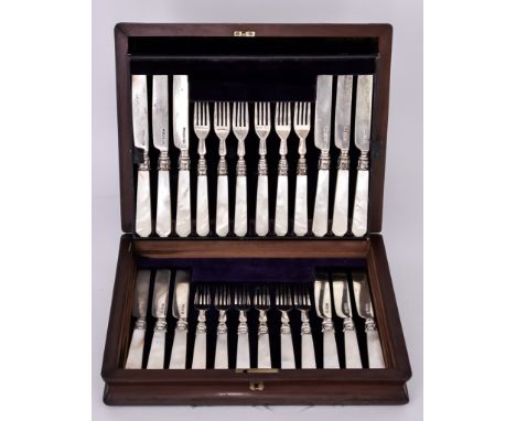 A Set of Twelve Victorian Silver and Mother of Pearl Handled Fruit Knives and Forks by George Unite, Birmingham 1841, with pl
