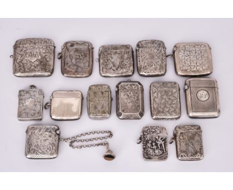 Thirteen Silver Vesta Cases, various makers and dates, including one engraved with initials in shield shape vacant cartouche 