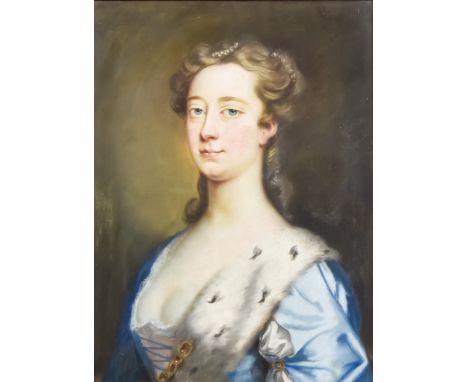 18th/19th Century British School - Pastel - Shoulder-length portrait of a woman wearing ermine-trimmed blue dress, her hair d