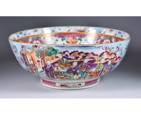 A Chinese Famille Rose Porcelain Circular Punch Bowl, 18th Century, Qianlong,&nbsp;enamelled in colours with figures on a ter