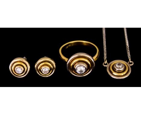 An 18ct Gold and Diamond Suite, comprising - a ring, size O, set with a centre brilliant cut white diamond, approximately .30