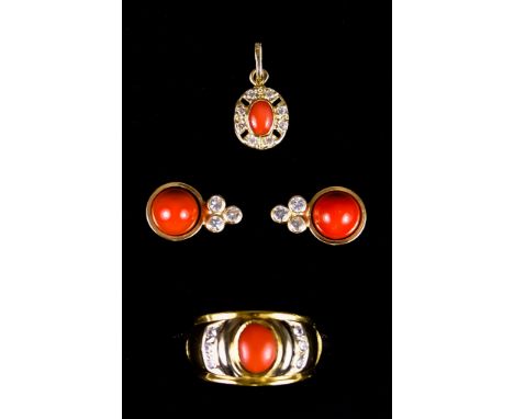 A Coral and Diamond Suite, comprising - 18ct gold coral and diamond set ring, cabochon coral, 8mm x 7mm, flanked by six small
