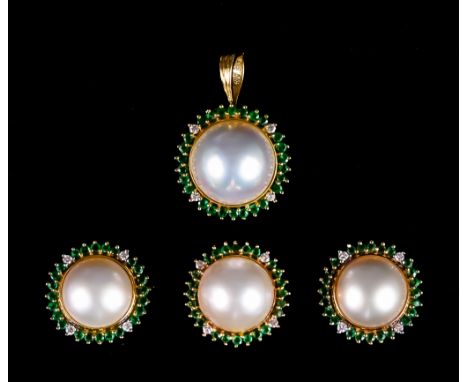 A 14ct Gold Pearl, Emerald and Diamond Suite, comprising - ring set with a centre half cut simulated pearl, approximately 13m