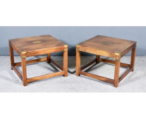 A Pair of Mahogany and Brass Bound Lamp Tables of Military Design, each with square edge and plain brass cartouche to top, on