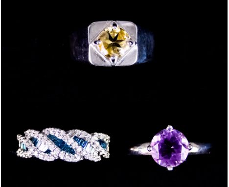 Three 9ct White Gold Gem Set Rings, comprising - blue and white diamond, citrine, amethyst, sizes N,N,O, total gross weight 1
