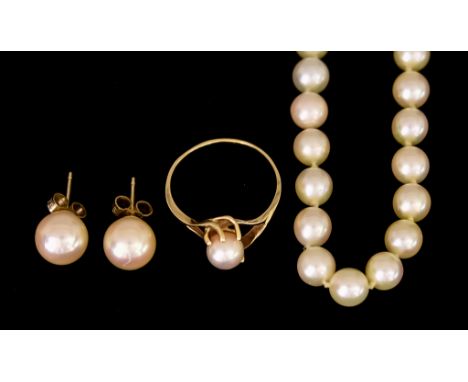 A 9ct Gold Pearl Suite, comprising - cultured pearl necklace, 500mm overall with 9ct gold clasp,&nbsp;a 14ct gold ring set wi