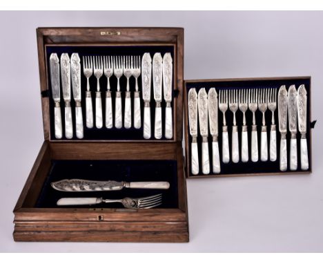 A Set of Twelve Victorian Silver and Mother-of-Pearl Handled Fish Knives and Forks and a Pair of Matching Servers, by Elkingt