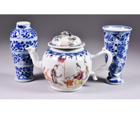 A Chinese Blue and White Porcelain Beaker, painted with flowers and leaves within cells, painted with leaf mark, Kangxi, 5ins