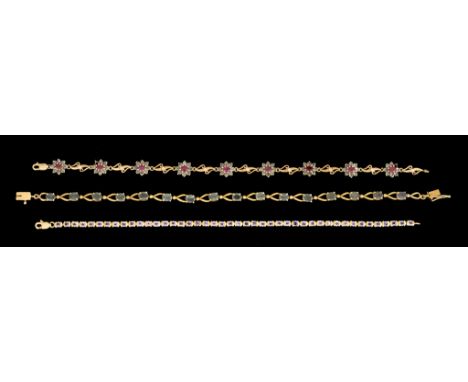 Three 9ct Gold Gem Set Bracelets, one set with ruby, alexandrite and diamond, one with iolite and one with alexandrite, lengt